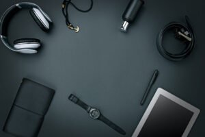 Workplace of business. Modern male accessories and laptop on black background Product 4
